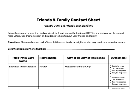 Relational Voter Turnout – Friends and Family Contact Sheet